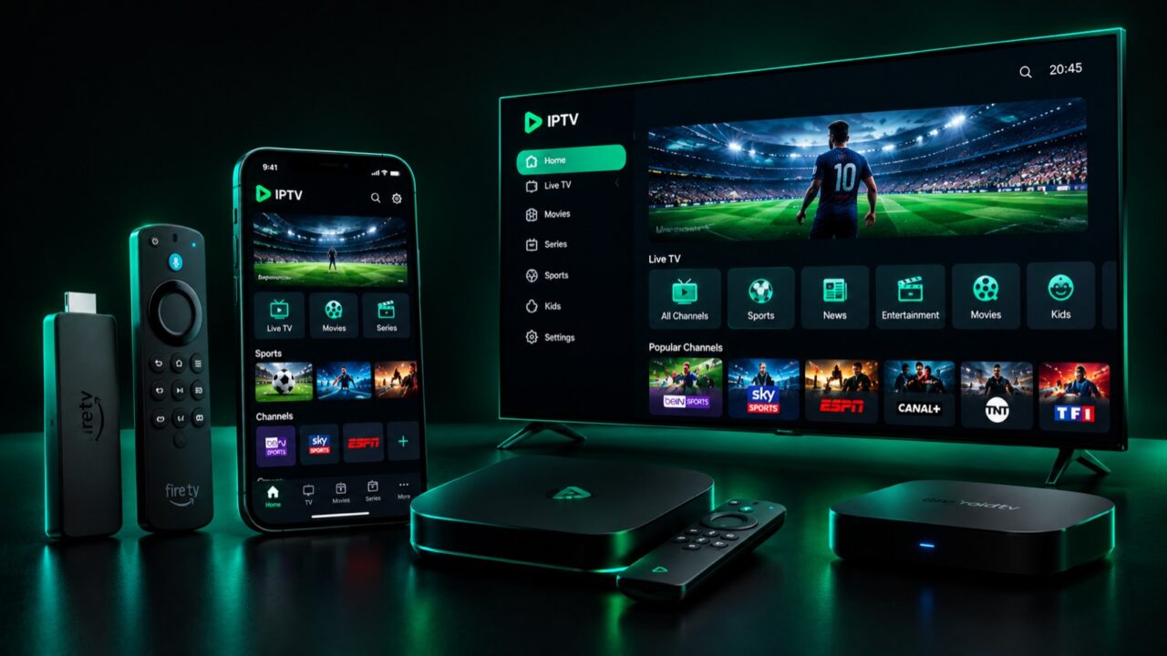 Firestick, smartphone, Android box and smart TV all running a 4K IPTV player app