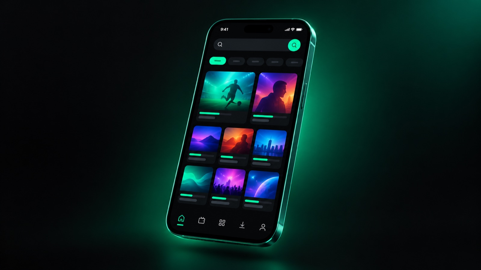 Smartphone showing a dark-themed 4K IPTV player app interface with a grid of content tiles