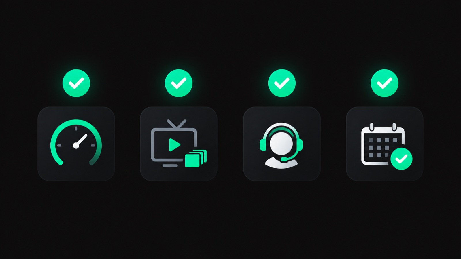 Checklist icons showing what makes a reliable 4K IPTV provider: speed, channels, support and free trial