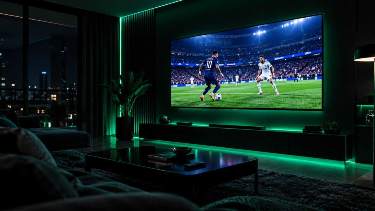 Modern living room at night with a large 4K TV streaming live football via a reliable 4K IPTV service