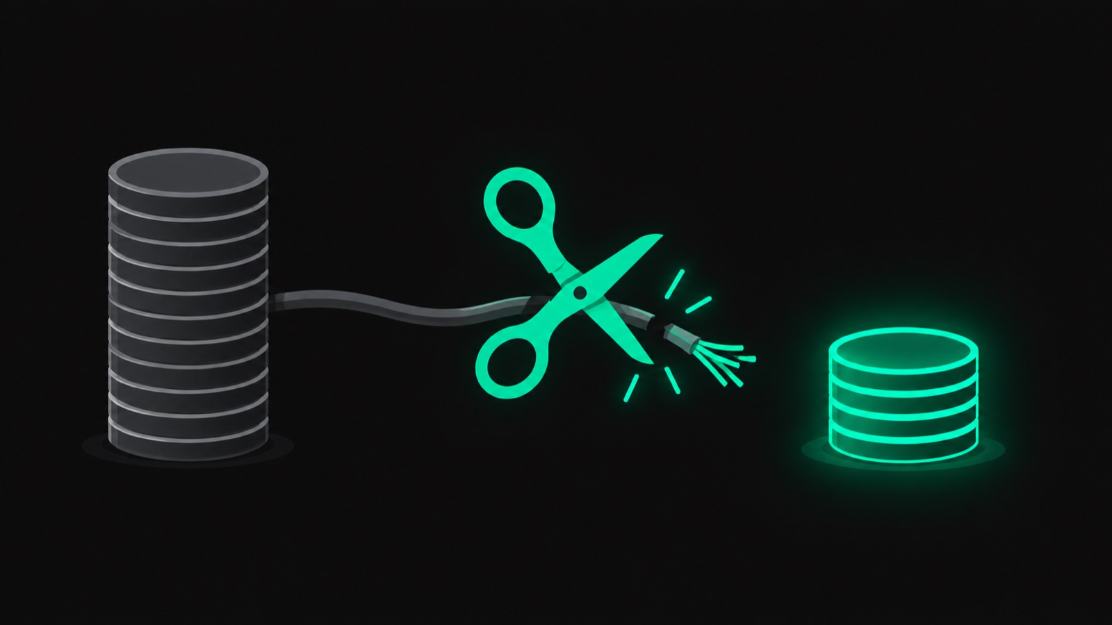 Scissors cutting a cable wire between a tall stack of coins and a small glowing stack, showing cable bill savings