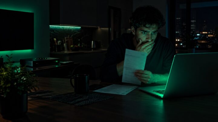 Person at a kitchen table at night shocked by a high cable TV bill next to a laptop