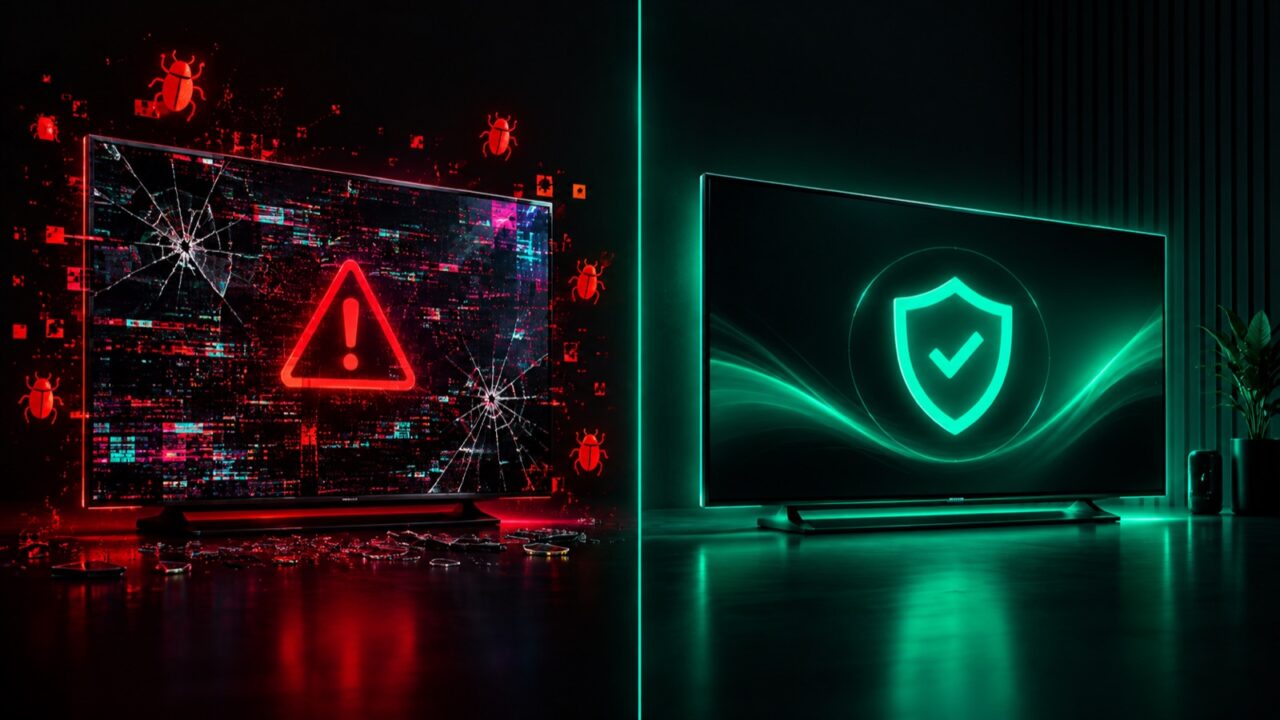 Split image comparing an unsafe free IPTV device infected with malware against a secure paid IPTV service