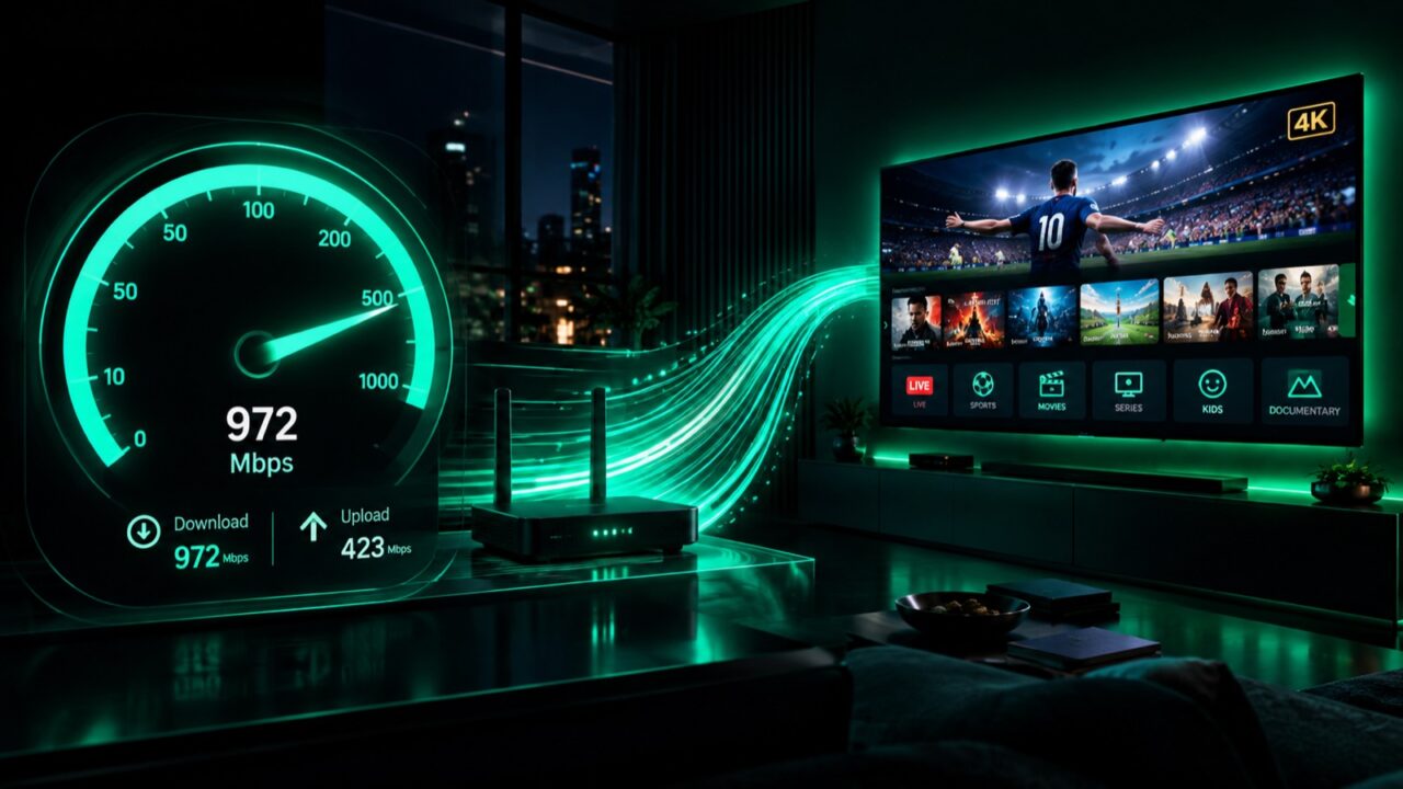 Internet speed test gauge showing high Mbps next to a 4K IPTV stream on a smart TV