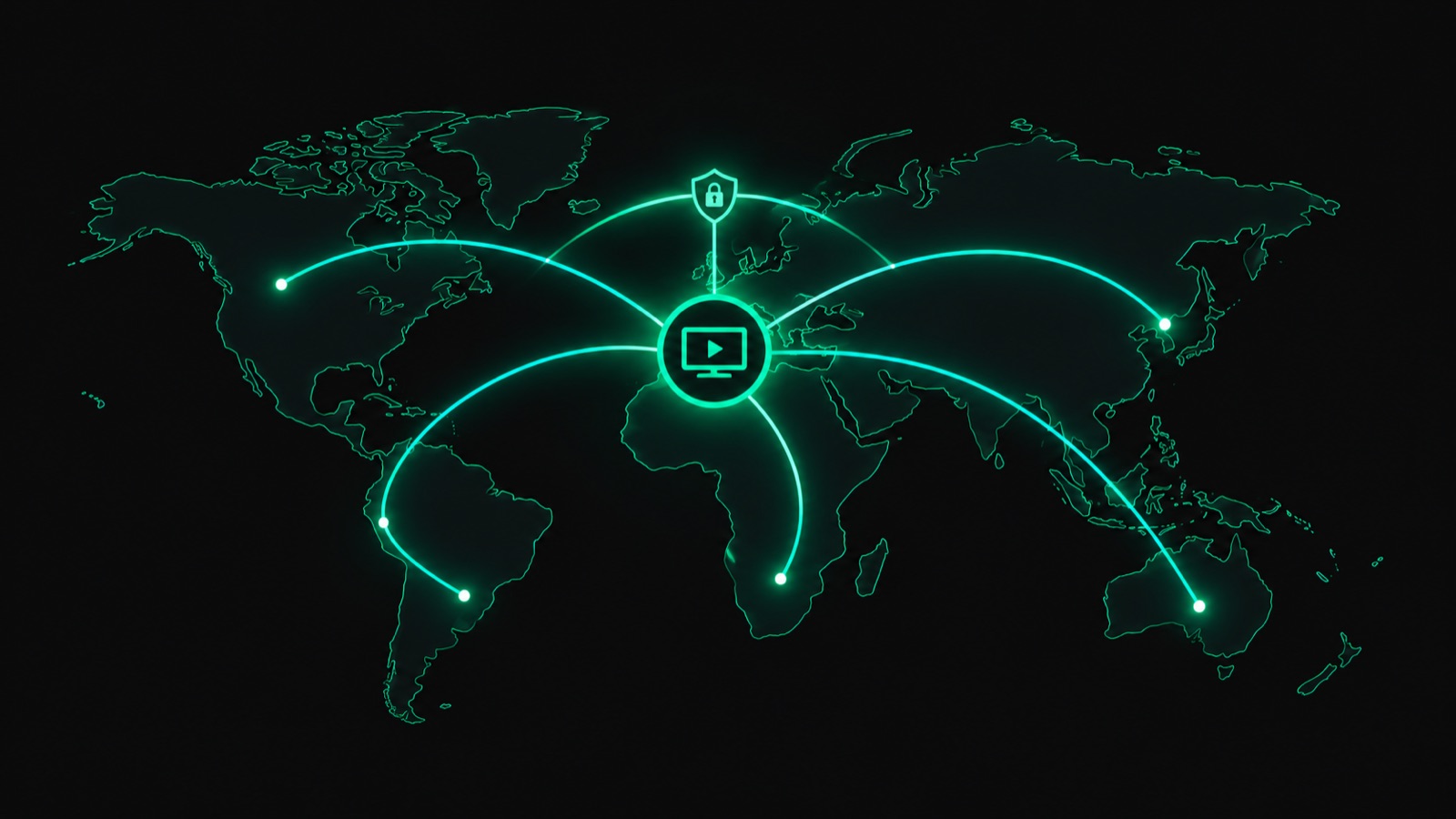 World map with glowing arcs showing IPTV streaming working from any country while travelling