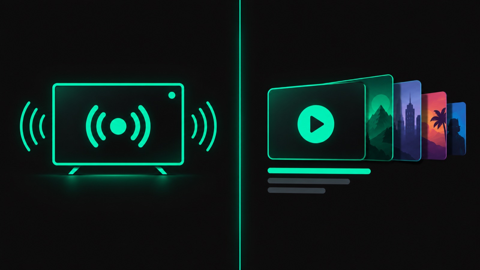 Comparison graphic showing live TV channels on one side and on-demand streaming content on the other