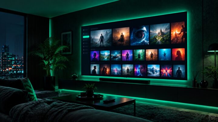 Smart TV showing an IPTV video on demand library of movies and series in a dark living room