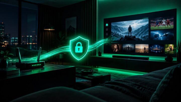 Secure VPN tunnel with a green shield protecting an IPTV stream from the router to the TV