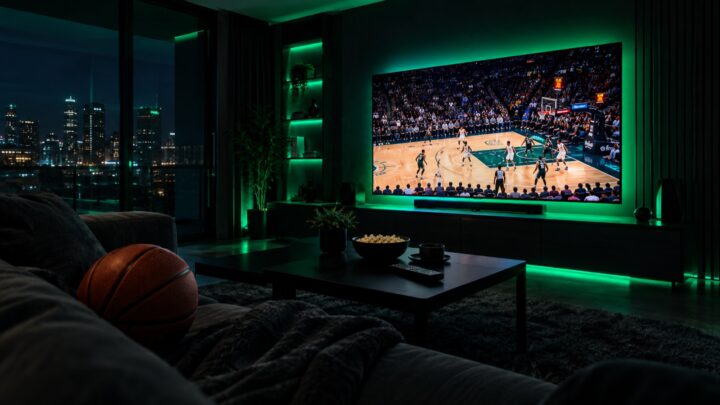 Living room at night with a 4K TV showing a basketball game and a basketball on the sofa