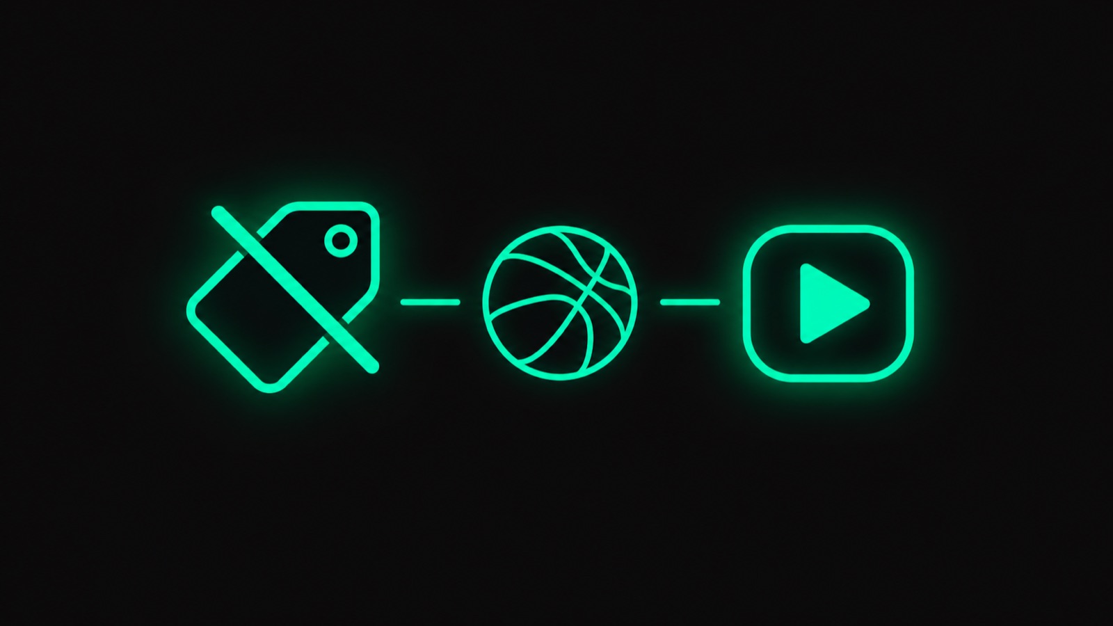 Crossed-out price tag, a basketball and a play button, showing a cheaper NBA League Pass alternative