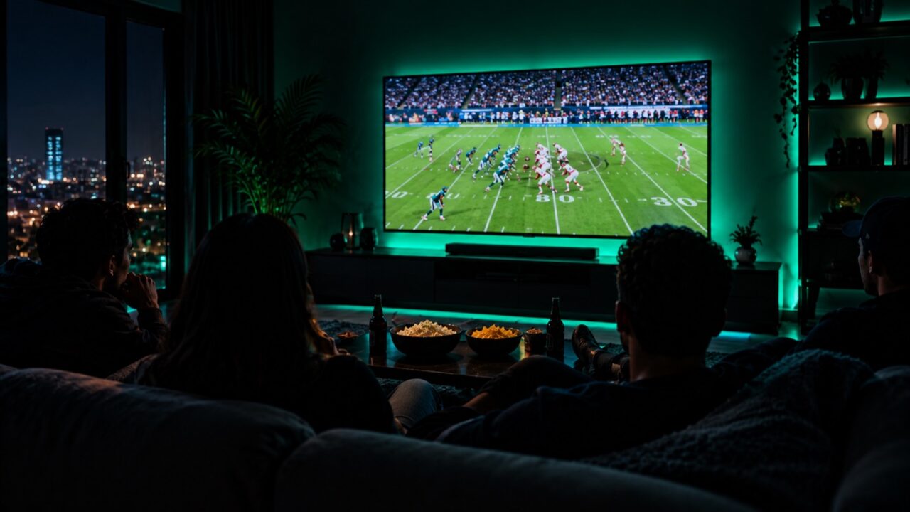 Friends watching an American football game on a large 4K TV on a Sunday evening