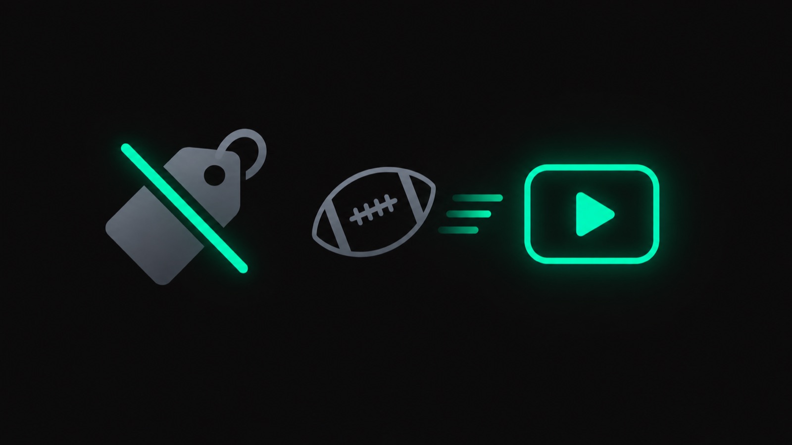 Crossed-out price tag next to a football and a play button, showing a cheaper NFL Sunday Ticket alternative