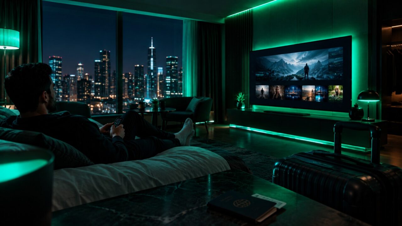 Traveller watching IPTV on a hotel room TV abroad with a suitcase and passport nearby