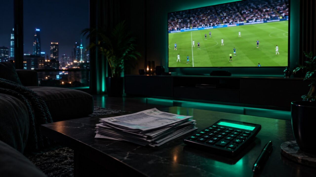 Living room with a TV showing live sports and a calculator next to bills, comparing YouTube TV and IPTV costs
