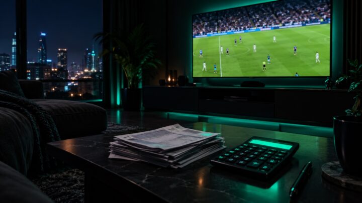 Living room with a TV showing live sports and a calculator next to bills, comparing YouTube TV and IPTV costs